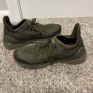 Men’s Puma Olive Green Sneakers with Orange Accents